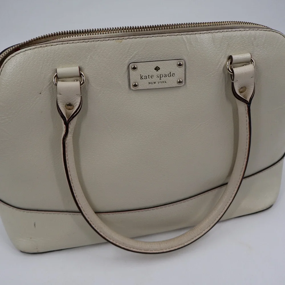 Kate Spade Dome Satchel Bag Womens Medium Cream Pebbled Leather Polka Dot Lining